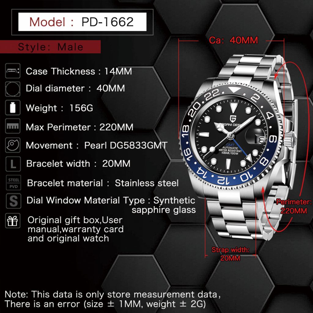 Pagani Design PD-1662 40mm Stainless Steel Automatic Watch Rolex GMT Batman Homage