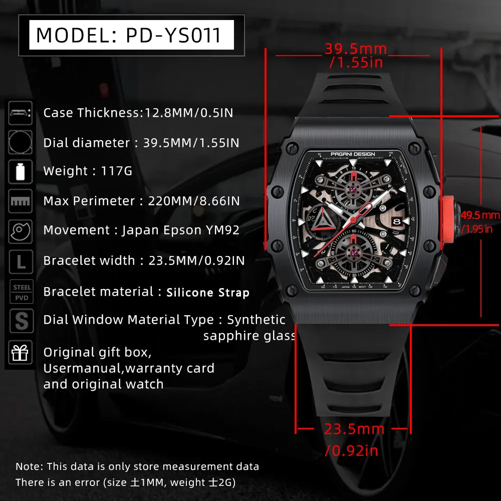 Pagani Design PD-YS011 Black Men's Quartz Chronograph Tonneau Watch Richard Mille Homage