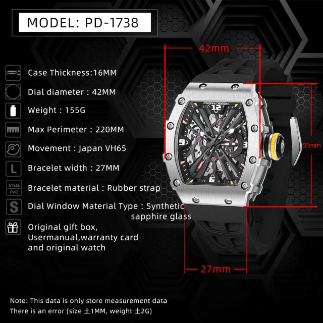 Pagani Design PD-1738 MILLE Homage 42mm Stainless Steel Quartz Watch Richard Mille Homage Watch