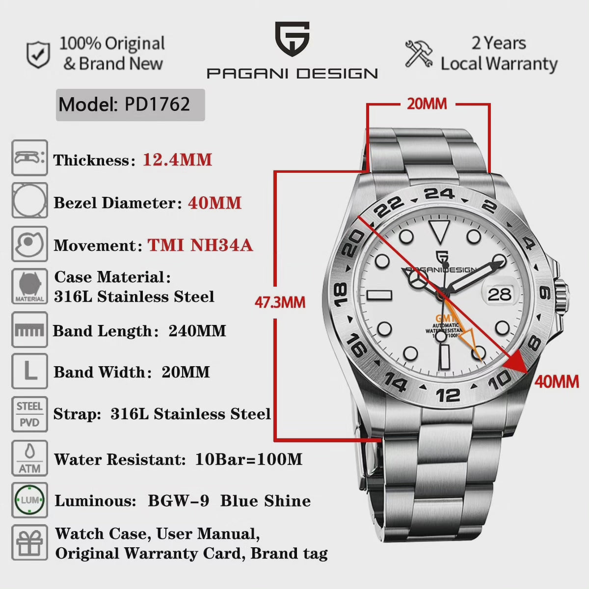 Pagani Design PD-1762 V3 40MM Stainless Steel Automatic Watch Rolex Explorer II Homage