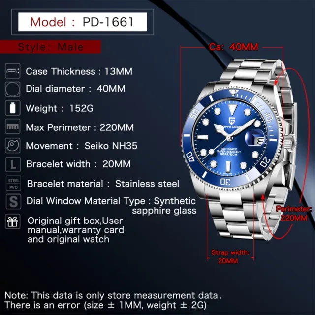 Pagani Design PD1661 40mm Automatic Men's Watch Homage To The Rolex Submariner Smurf Edition