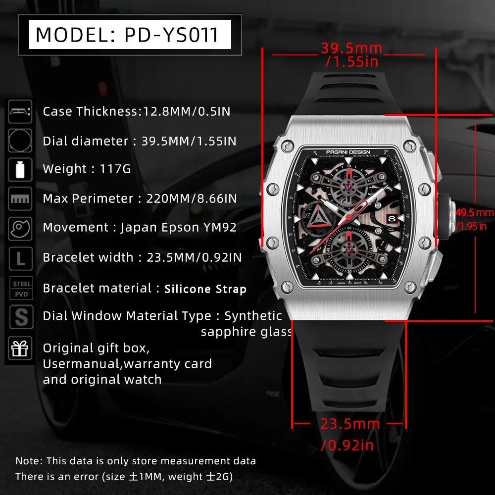 Pagani Design PD-YS011 Black Men's Quartz Chronograph Tonneau Watch Richard Mille Homage
