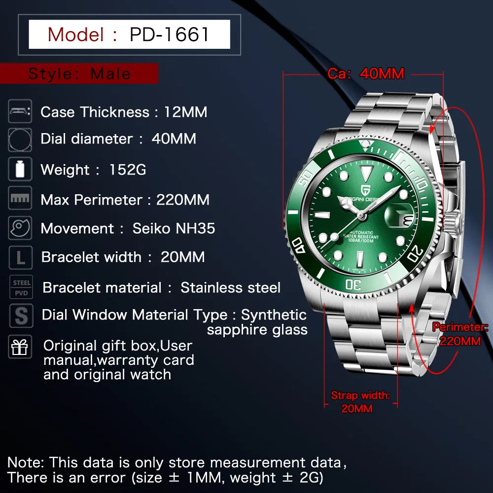 Pagani Design PD1661 40mm Automatic Men's Watch Homage To The Rolex Submariner Hulk Edition