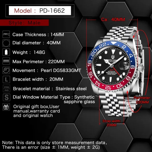 Pagani Design PD-1662 40mm Stainless Steel Automatic Watch Rolex GMT Pepsi Homage