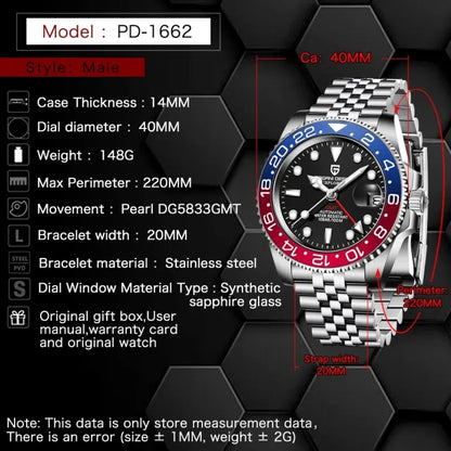 Pagani Design PD-1662 40mm Stainless Steel Automatic Watch Rolex GMT Pepsi Homage