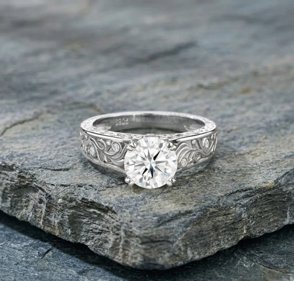 The Juliet Solitaire: Heirloom Openwork Moissanite Ring