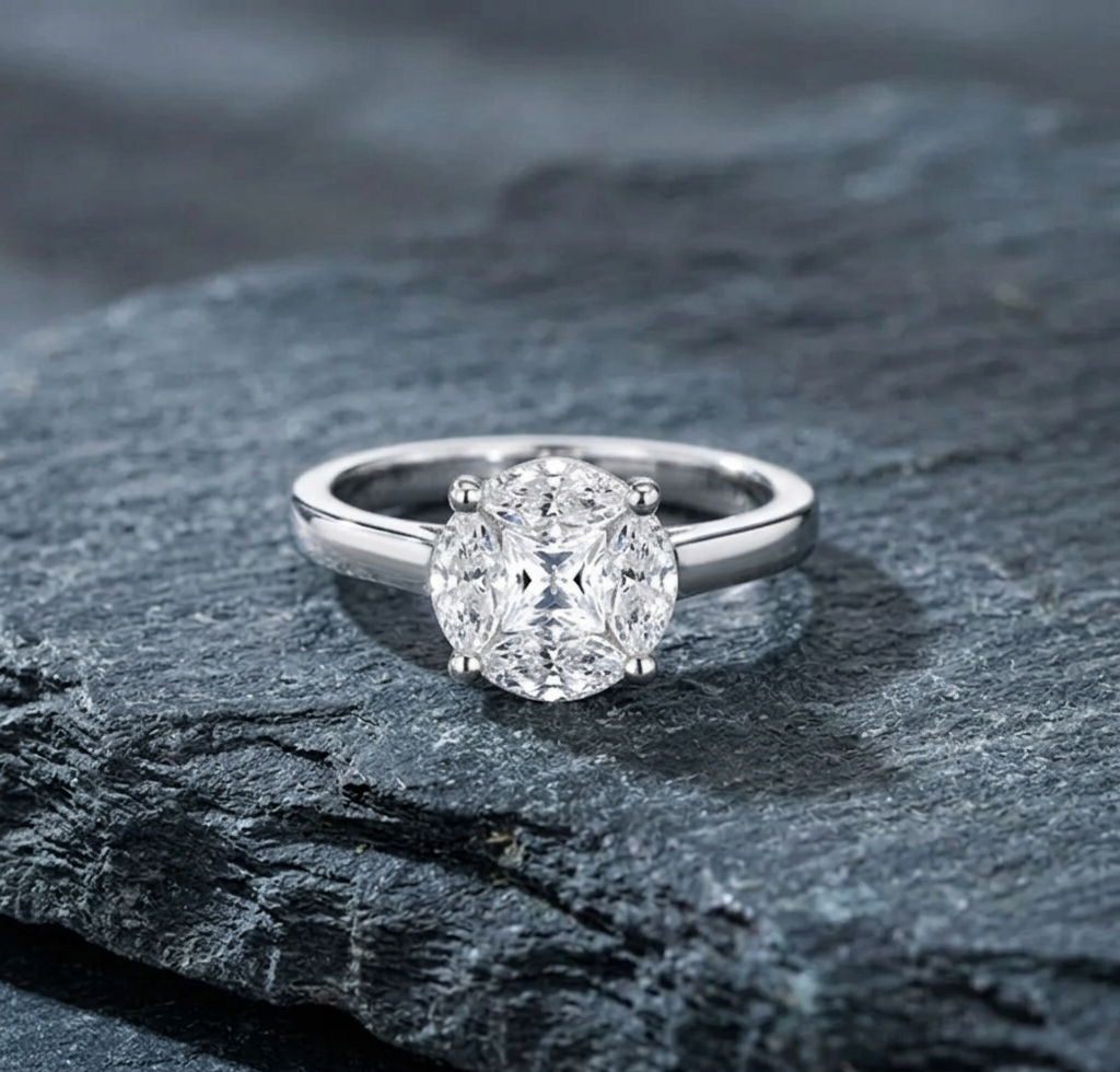 The Clementine Illusion Solitaire – 1.6ct Moissanite in Rhodium-Finished Silver