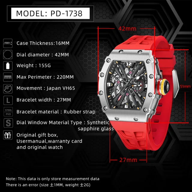 Pagani Design PD-1738 MILLE Homage 42mm Stainless Steel Quartz Watch Richard Mille Homage Watch