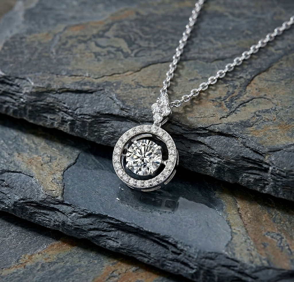 The Stella 'Dancing' Moissanite Halo Pendant Necklace