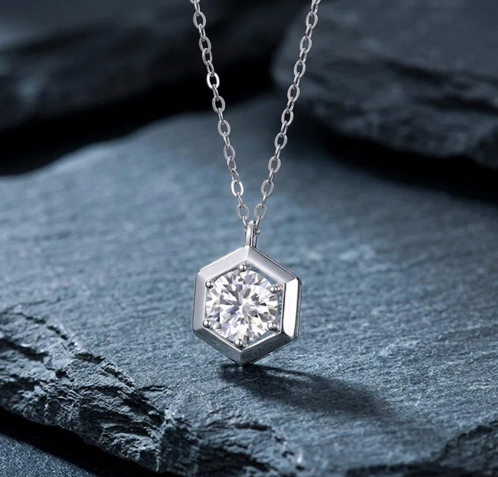 The Hexagon Solitaire Moissanite Pendant