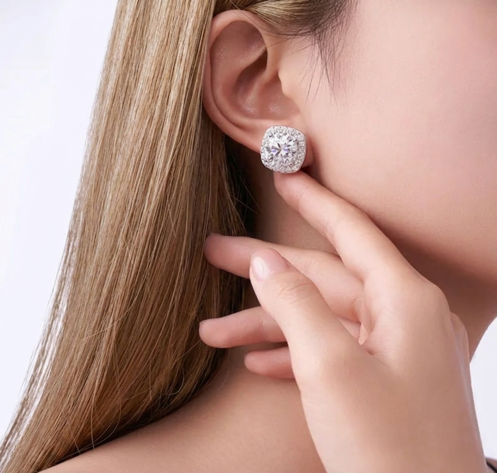 The Duchess Cushion-Cut Halo Moissanite Stud Earrings