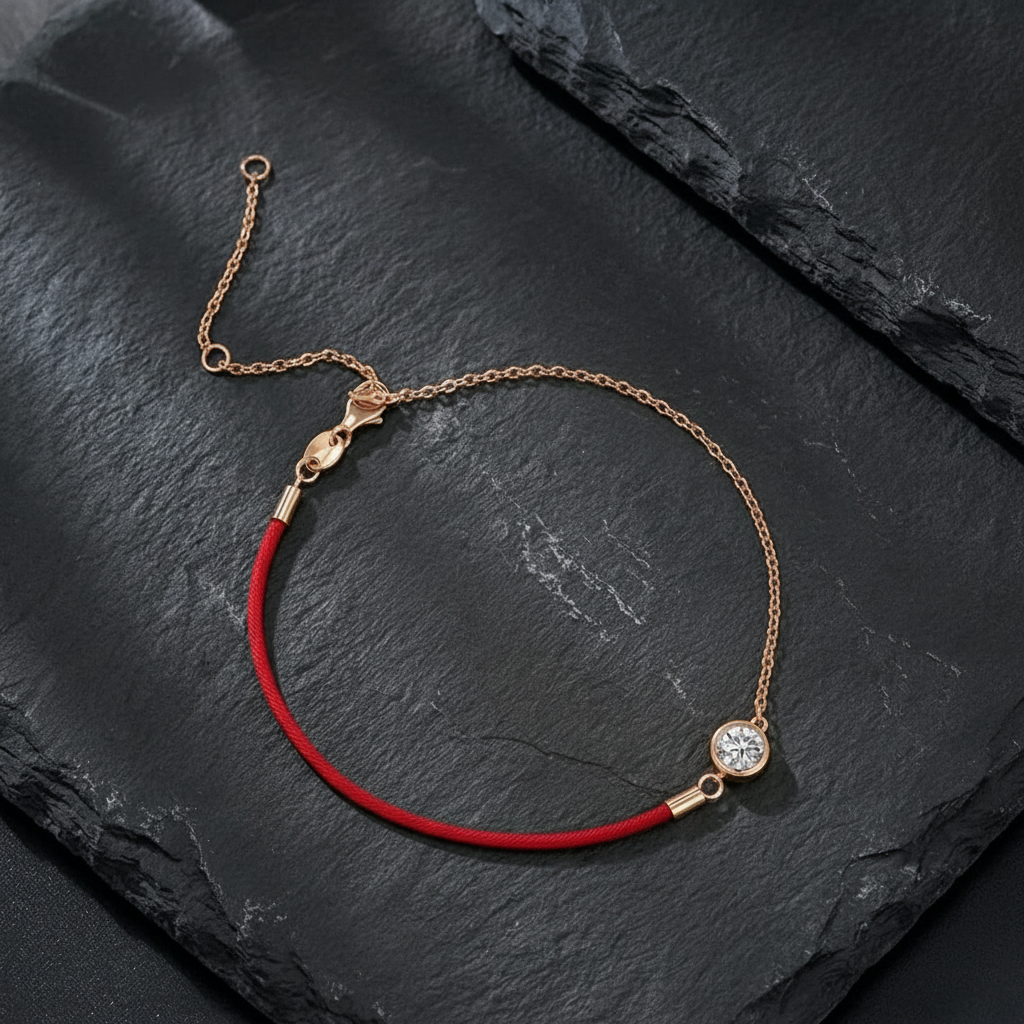 The Aura 0.5ct Moissanite & Crimson Silk Cord Bracelet in 18k Gold Plated Sterling Silver