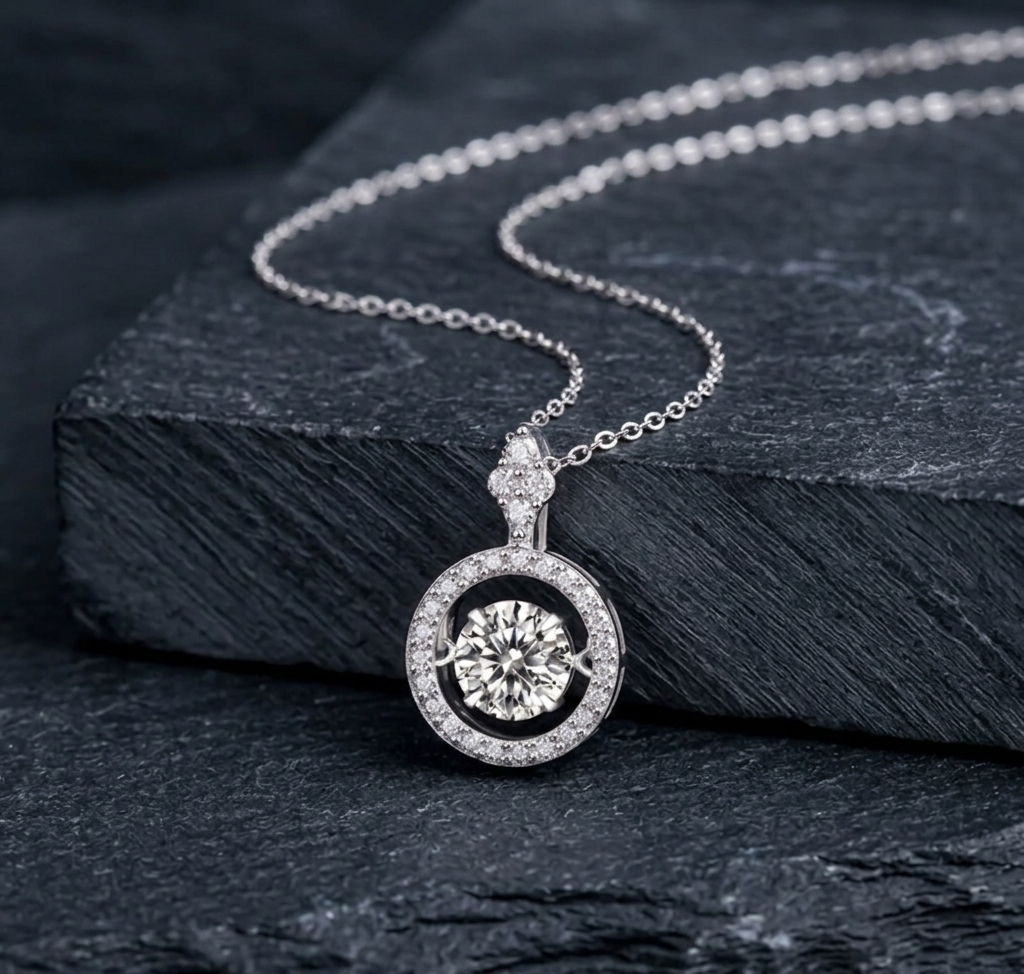 The Stella 'Dancing' Moissanite Halo Pendant Necklace