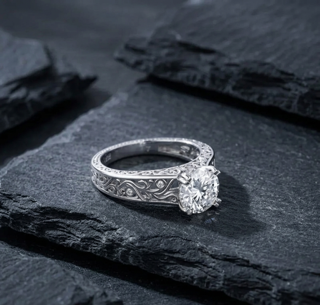 The Juliet Solitaire: Heirloom Openwork Moissanite Ring