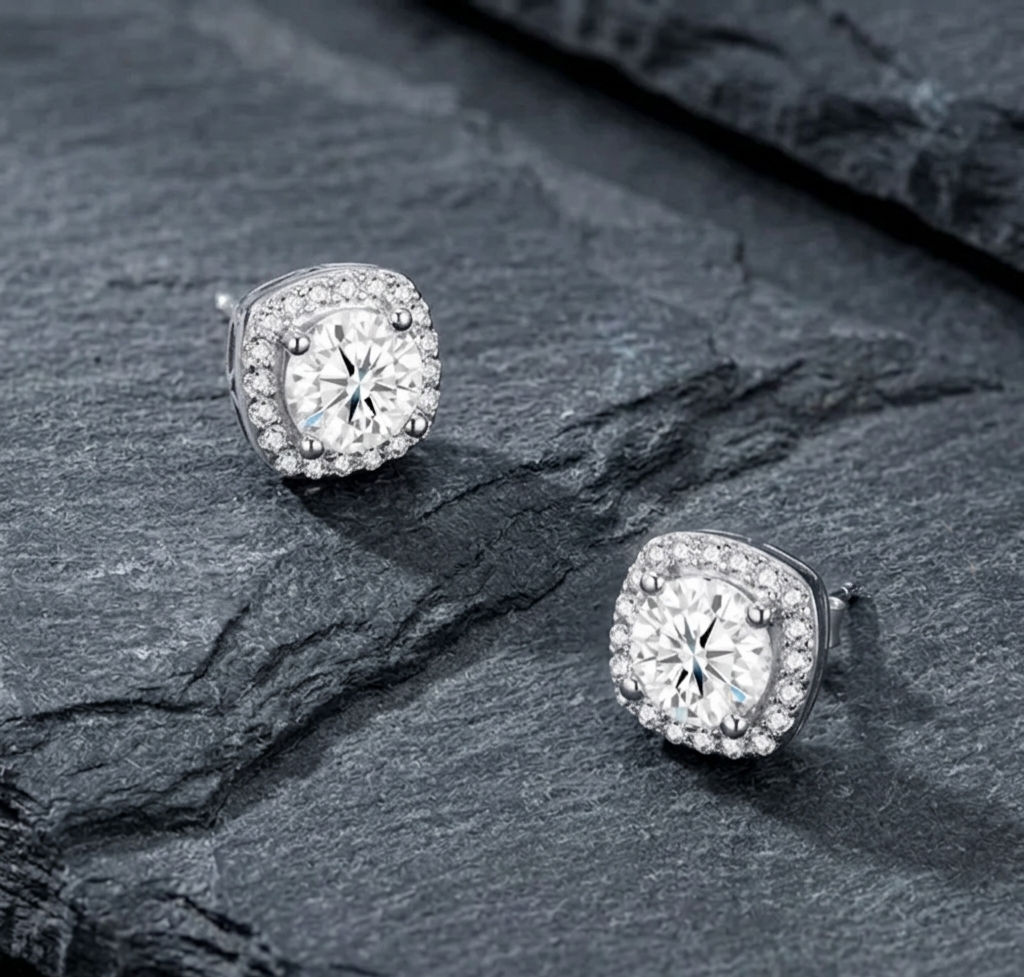 The Duchess Cushion-Cut Halo Moissanite Stud Earrings